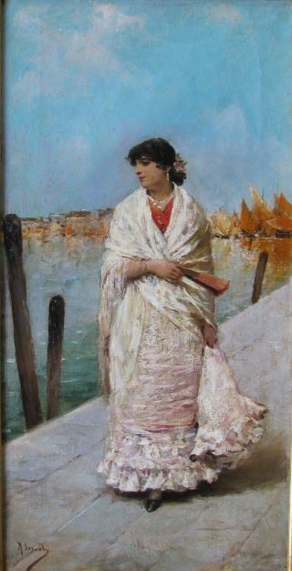 19th C Oil On Canvas By Rafael Senet - A Lady In Venice