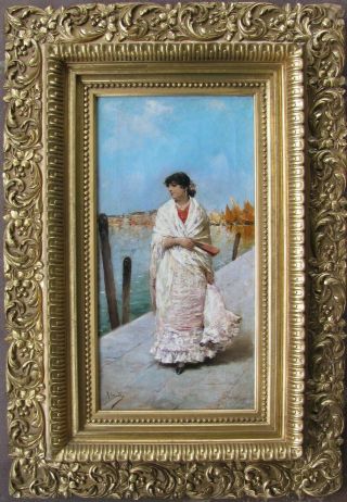 19th c Oil on Canvas by Rafael Senet - A Lady in Venice 2