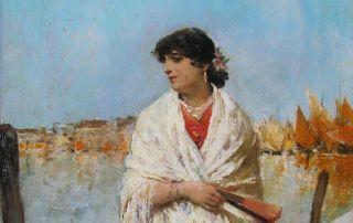 19th c Oil on Canvas by Rafael Senet - A Lady in Venice 3