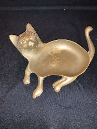 Vintage Brass Kitty Cat Trinket Coin Jewelry Change Tray Dish Spoon Rest Sh