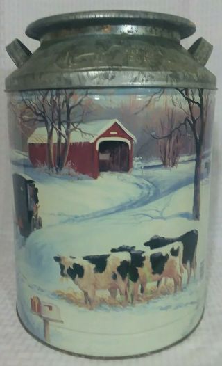 Vintage Golden Harvest Metal Milk Can Popcorn Tin Winter Dairy Cows Linda Picken