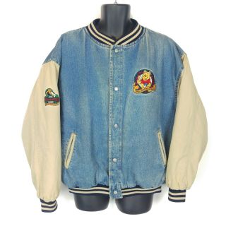 Disney Store Large Winnie The Pooh Varsity Denim Blue Jean Snap Button Jacket