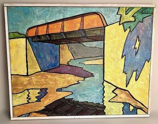 Vintage Abstract Fauvism Modernist Bridge Landscape Oil Painting Signed Jeffery