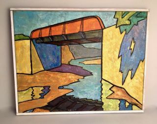 Vintage Abstract Fauvism Modernist Bridge Landscape Oil Painting signed Jeffery 2