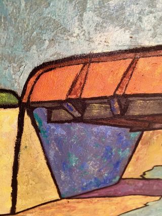 Vintage Abstract Fauvism Modernist Bridge Landscape Oil Painting signed Jeffery 3