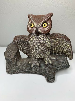 Vintage 1980’s Ceramic Owl Sitting On Log Wood Branch Brown Marked