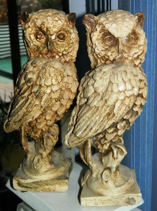 Vintage Pair 9 Inch Tall Chalk - Ware Owl Figurines / Bookends