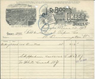 1909 Burlington Vt J R Booth Lumber Boxes Billhead Ottawa Saw Mills Graphic