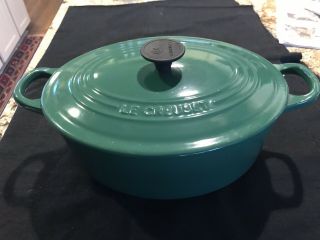 Exc Cond Le Creuset 25 Oval Dutch Oven Pot W/lid 3.  5 Qt Green Cast Made France