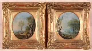 Norbert Grund - Attrib.  " Romantic Landscapes ",  Two Oil On Copper Miniature