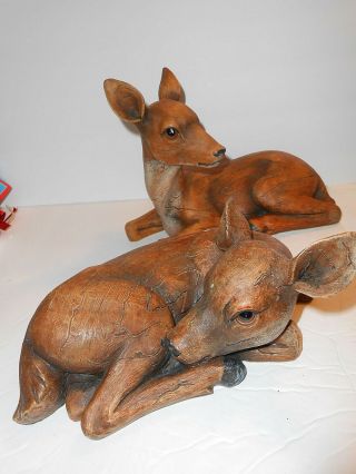 2 Vintage Hand - Crafted Resin Fawns Resting Deer Sculpture Figure