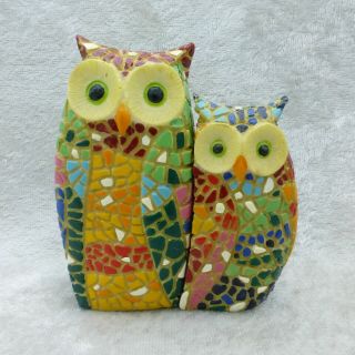 Colorful Mosaic Owl Figurine With Baby Owl Hand Painted Barcino 3in Tall