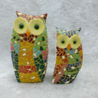 Colorful Mosaic Owl Figurine with Baby Owl Hand Painted Barcino 3in Tall 2