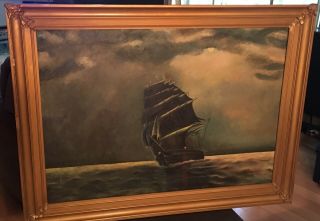 Large Vintage Oil Painting Ship Ocean Moon Moonlight Signed