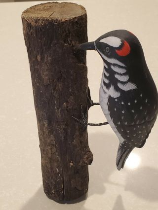 Wooden Acorn Woodpecker Bird Sculpture On Log