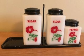 Tipp City Shakers Red Flowers Sugar Flour Pepper Shakers With Holder Milk Glass