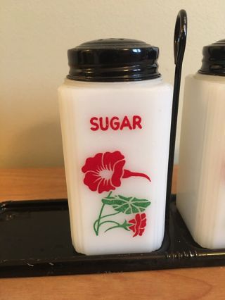 Tipp City Shakers Red Flowers Sugar Flour Pepper Shakers With Holder Milk Glass 2