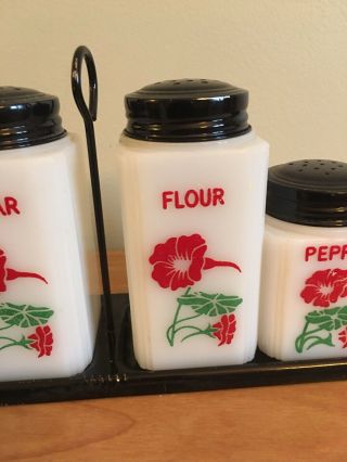 Tipp City Shakers Red Flowers Sugar Flour Pepper Shakers With Holder Milk Glass 3
