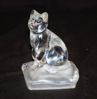 Old Vintage Solid Clear Glass Cat Kitten Figurine On Frosted Pillow Home Decor