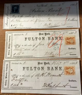 6 Quincy Copper Mine Fulton Bank Checks W/ Orange And Blue Stamps 1863 & 1864