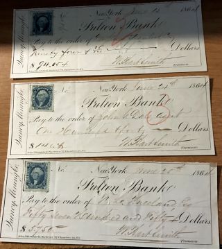 6 Quincy Copper Mine Fulton Bank Checks w/ orange and blue stamps 1863 & 1864 2