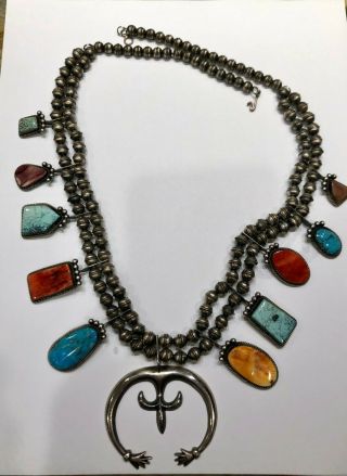 Vintage Navajo Greg Pat Sterling Silver Squash Blossom Turquoise Spiny Oyster Sh