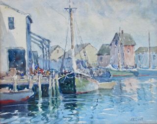 Listed Artist John A.  Cook (1870 - 1936) Gloucester,  MA Harbor Watercolor Painting 2