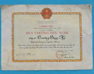 Vietnam China Friendship Decoration 1963 Document Signed By Pham Van Dong