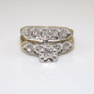 Vintage 10k Yellow White Gold Art Deco Wedding Engagement Band Ring Set 7 Ggg