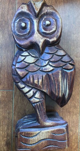 Vintage Hand Carved Wood Owl Statue 8.  75” High