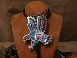 Vintage Sterling Silver Coral And Turquoise Chip Inlay Eagle Bolo Tie
