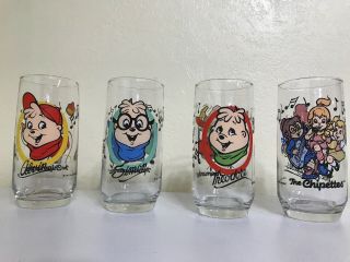 Alvin And The Chipmunks & The Chipettes Set Of 4 Drinking Glass 1985