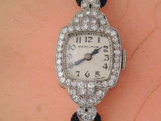 Vintage Deco Ladies 14k Solid White Gold & Diamond Hamilton Wristwatch Runs 9.  99