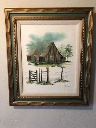 Antique Oil On Canvas Painting Of A Stable And Barn On A White Plain