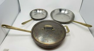 Vintage All Clad Cop R Chef Frying Pans Fry Skillet Pan X3 Lid 8 1/2 " 10 " & 11 "