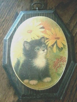 Vintage 1971 Glass Wooden Plaque Art Decor Picture Kitten In The Flowers