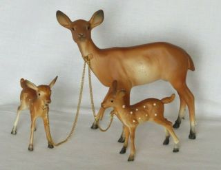 Vintage Set Of 3 Hard Plastic Deer Doe & 2 Fawns Figurines W Chains - Hong Kong