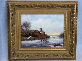 Rudolph Victor Verbrugge Holland Village Ice Skating Oil On Wood Panel Painting