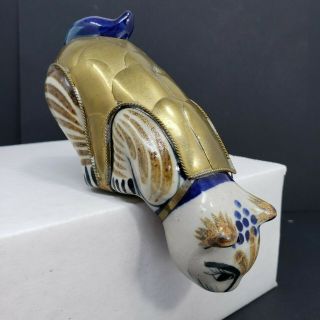 Vintage Japanese Brass Scale Armor & Ceramic Hand Painted Pouncing Cat Figurine
