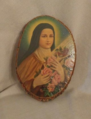 Vintage Folk Art St Therese Painted Wood Plaque 1960 