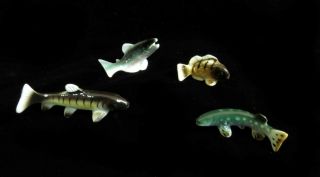 Vintage X4 Miniature 1 " Fish Trout Figurines,  Bone China Porcelain,  Japan,  70 