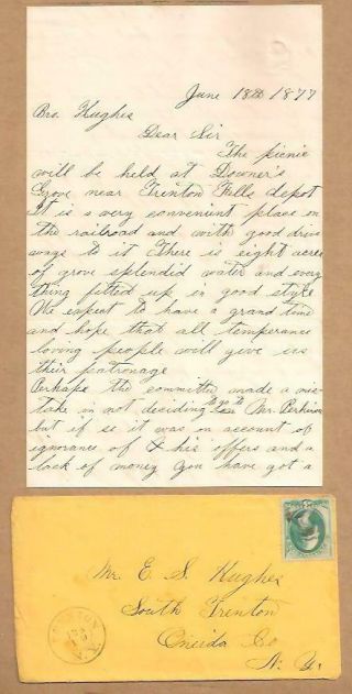 1877 Letter Trenton To S Trenton Ny Temperance Picnic @ Downer 