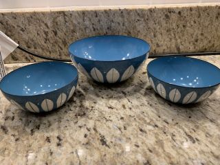Norway Catherineholm Enamel Lotus Bowls Mid Centry 5 1/2” 4 " Blue W/white Petals