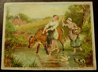 Birket Foster Artist Victorian Christmas Card Cattle Farmers Wife Country Scene