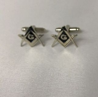 Freemason Masonic Square And Compass Cufflinks In Silver Tone With Black.