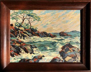 Vintage Mid Century Paint By Numbers Framed California Coastal Seascape Painting