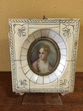 Framed Miniature Porcelain Painting Of Lady In Pink