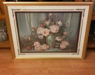 Vintage Home Interiors/homco Gold Framed Large Pink Roses Flower Vase Picture