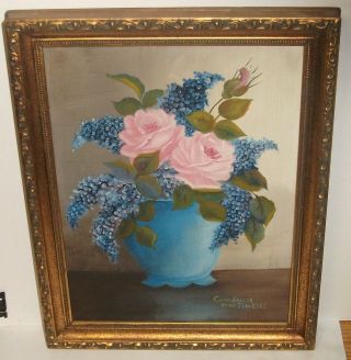 Constance Martinelli Oil On Canvas Pink Rose Floral Vase Painting