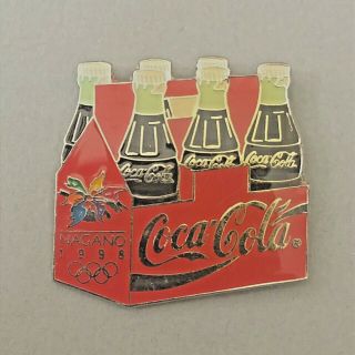 Vintage 1998 Enamel Coca Cola Six Pack Nagano Winter Olympic Games Pin - Back